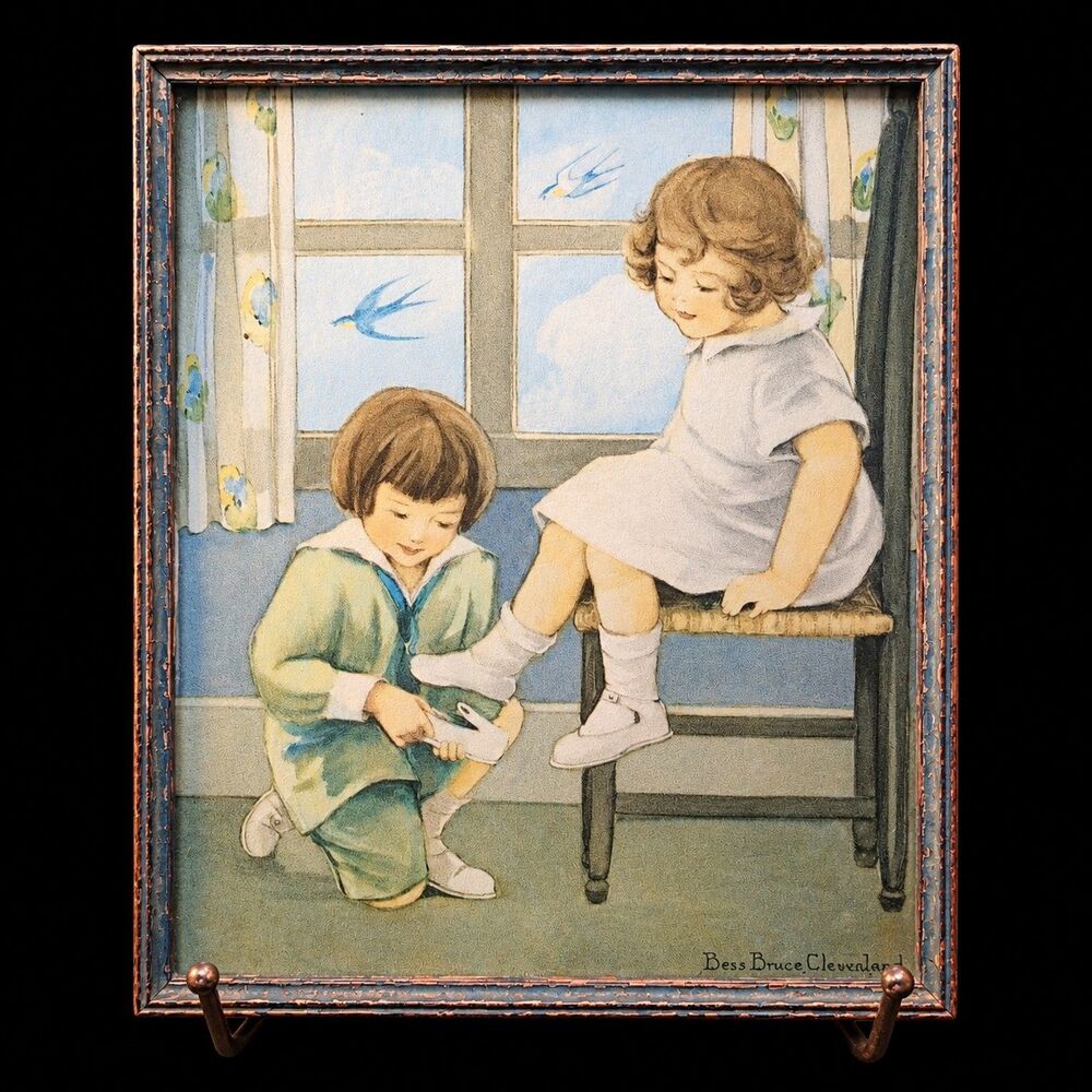 Antique Bess Bruce Cleaveland Art Print Lithograph Boy Helps Girl With Shoe